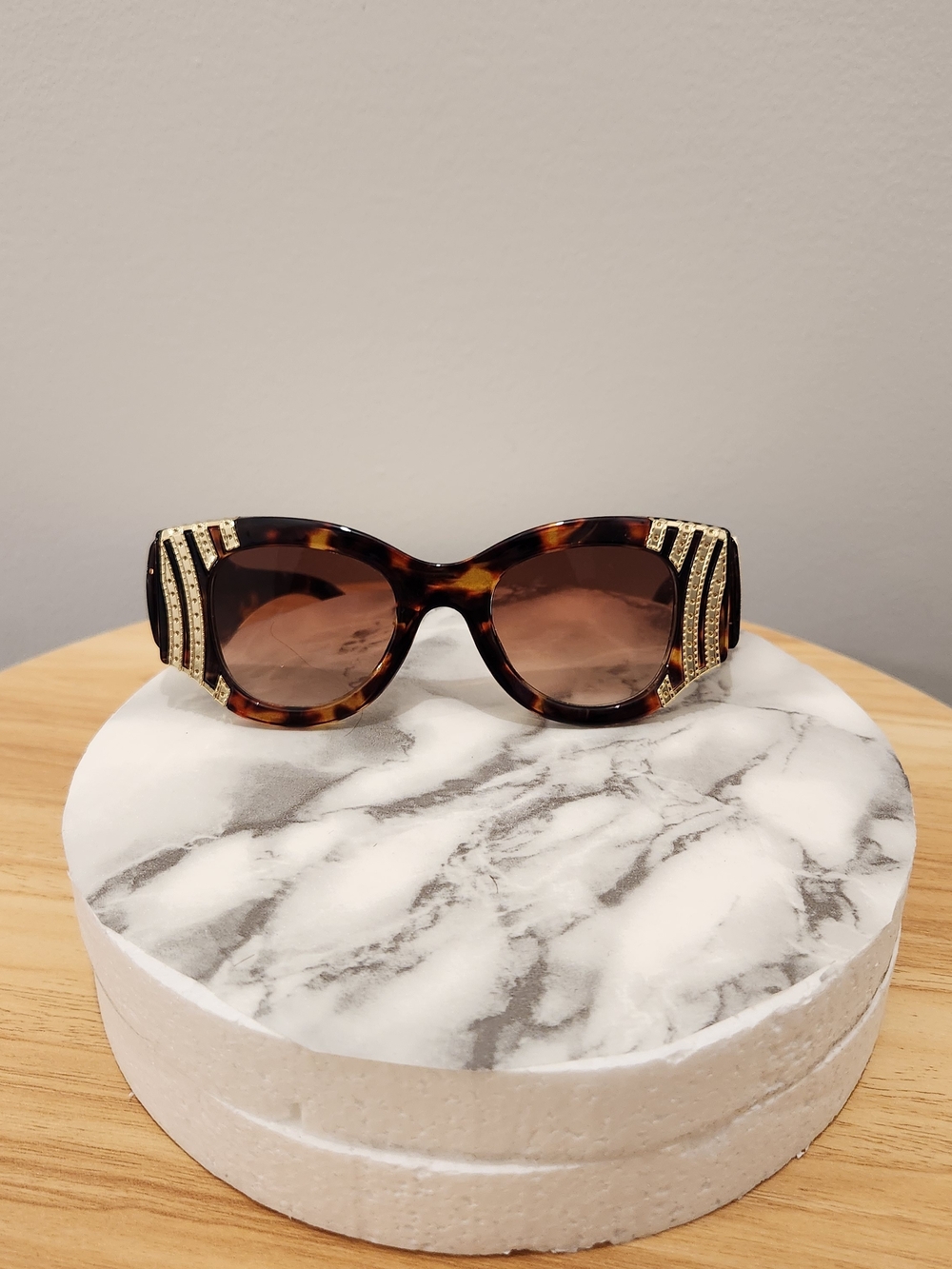 Tortoiseshell Cat-Eye Sunglasses with Gold Crystal Temples